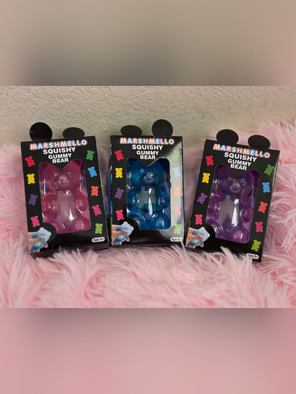 3x Marshmello Gummy Bear Squishy Lot. Pink, Blue, Purple.
